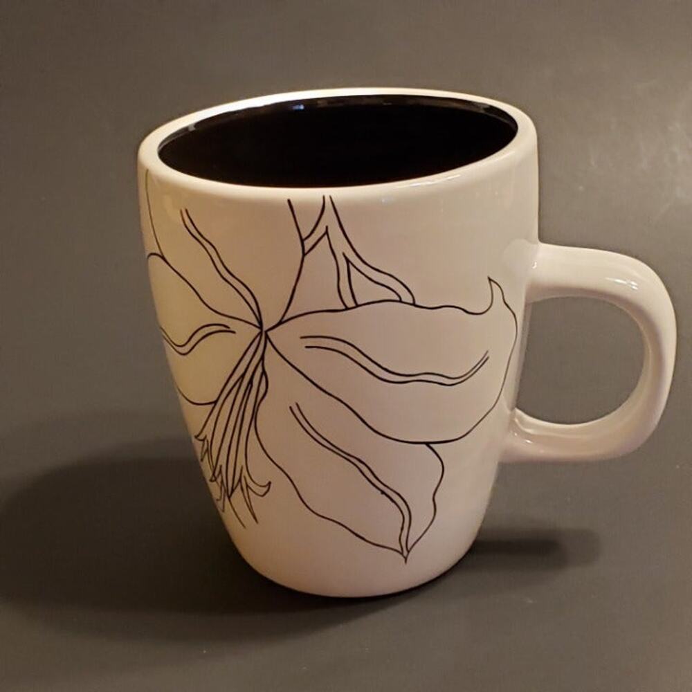 Laurie Gates Antilles White/Black Coffee Tea Mug Cup with With Black Floral.